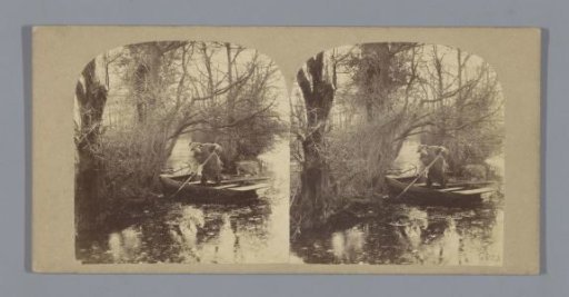 Man standing in a boat in a wooded area