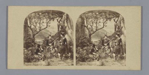 Three bagpipers in front of a set with trees and mountains