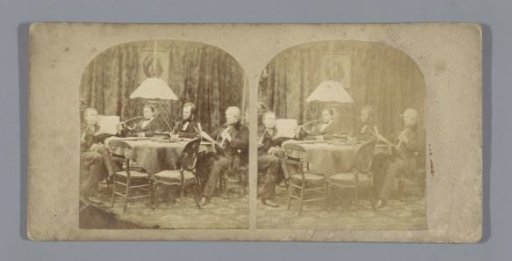 Gentlemen reading, writing and smoking pipes at a table