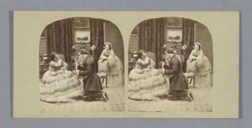 Man and woman winding a skein of wool, with a second woman watching in the background