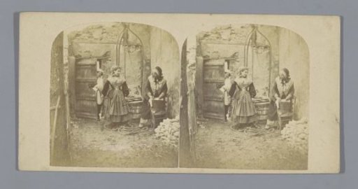Theatrical tableau of two women at a well and a man in the doorway behind them