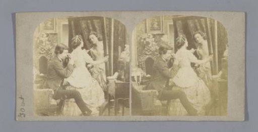 Man fastening a woman's corset before a mirror