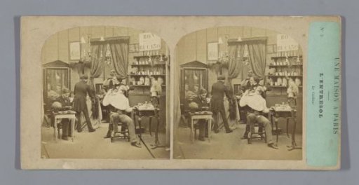 Theatrical tableau of the work at a barber's