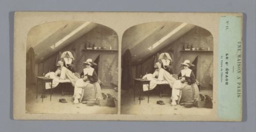 Theatrical tableau of a woman in bed with two nuns and a boy beside her