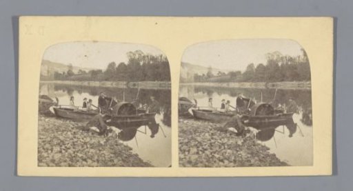 People in a ferry on the waterfront, a woman washing clothes in the foreground