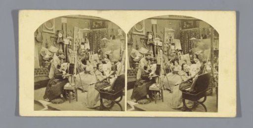 Interior of a painter's studio with women painting under the direction of a painter