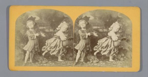Staged scene with two dolls, representing a girl with a basket walking away from a boy