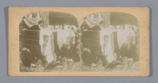 Theatrical performance of three girls in bed and three men crawling out from under