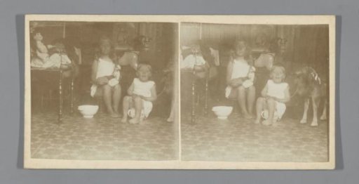 Two children on chamber pots surrounded by toys