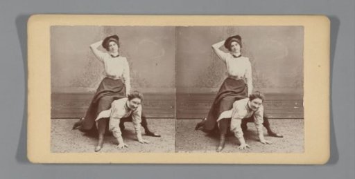 Woman riding a pony on the back of another woman