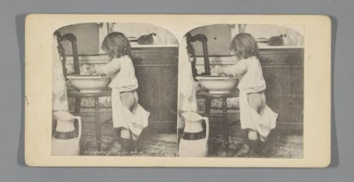 Girl with bare buttocks at a washbasin and pitcher