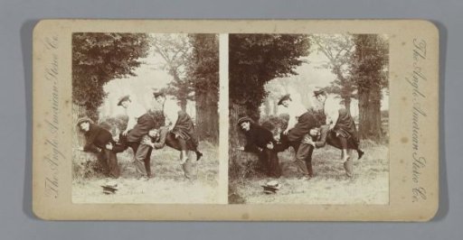 Two couples and a third man riding a pony in the woods