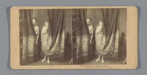 Two young women in underwear hiding behind curtains
