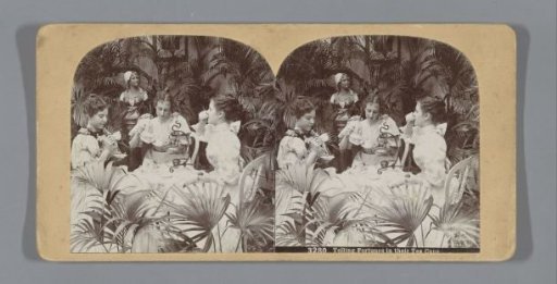 Three women drinking tea around a table in a room with plants