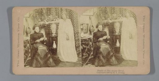 Woman reading a letter with a shadow of a woman next to her