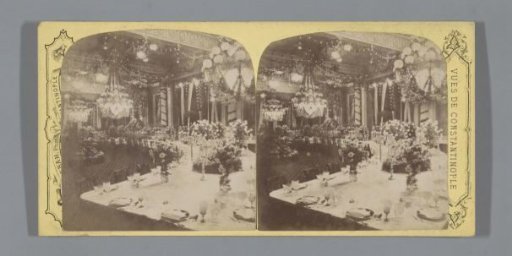 Banquet hall with set tables