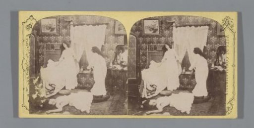 Three young women in nightgowns in a bedroom with two men's shoes sticking out of an open window