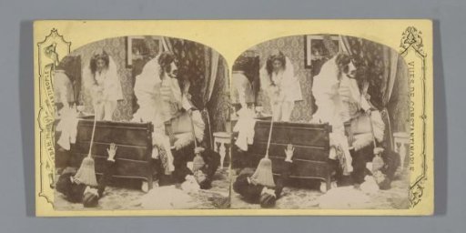 Three young women in nightclothes chasing men out from under the bed with brooms