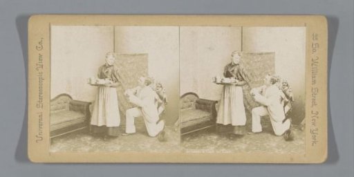 Kneeling man before a woman with a tray