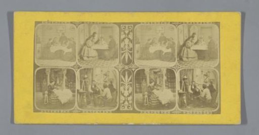 Stereograph with four smaller stereo views of three domestic scenes and one view in a studio