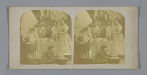 Scene with a man in military uniform among washing and ironing women