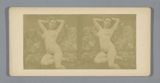 Nude young woman seated on a sofa