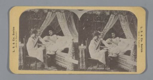 Scene with two women, one in bed, with cup and saucer