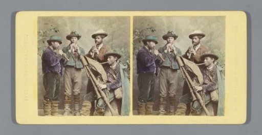 Four Men in Traditional Costume with Wind Instruments
