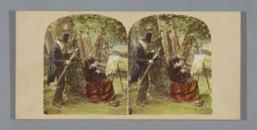 Scene in a forest with two men and a woman behind an easel