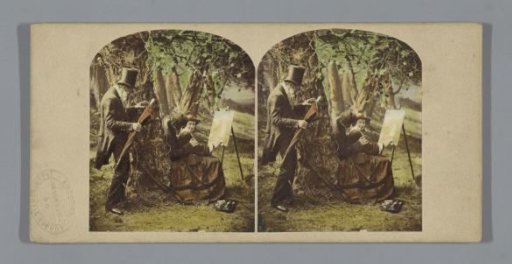 Scene in a forest with two men and a woman behind an easel