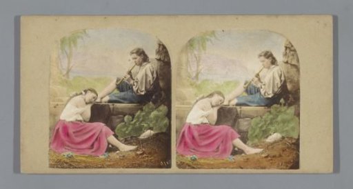 Young woman listening to a man playing a flute