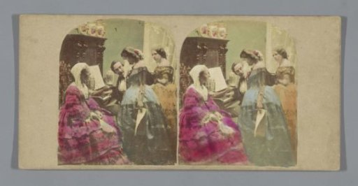 Man giving music lesson to three women