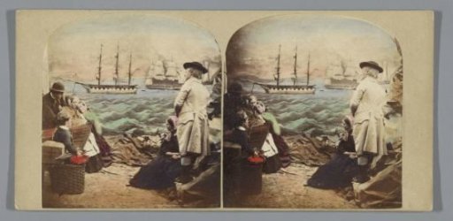 Six persons on a beach with two sailing ships in the background