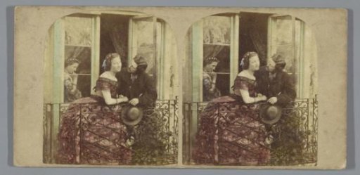 Man and woman on a balcony and a second woman behind glass