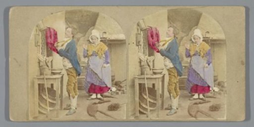Man dressing himself and a woman standing next to him