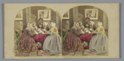Five gossiping women around a table