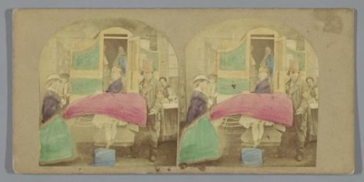 Woman in a hoop skirt attempts to board a tram