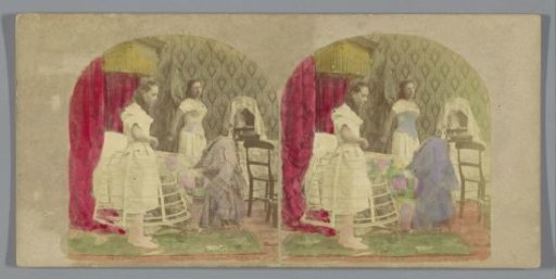 Two women putting on a hoop skirt