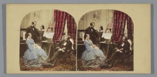Domestic Interior Scene with Two Couples Viewing a Painting
