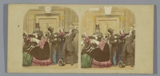 Fighting men and women in front of a tavern