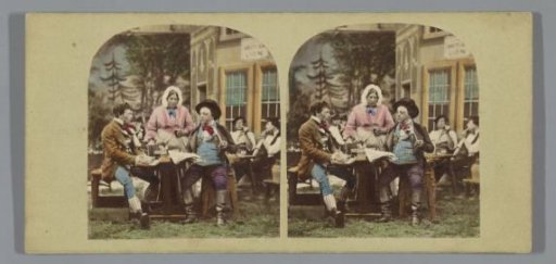 Two men at a table with the landlady