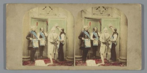 Initiation ritual with three Freemasons and a bound man