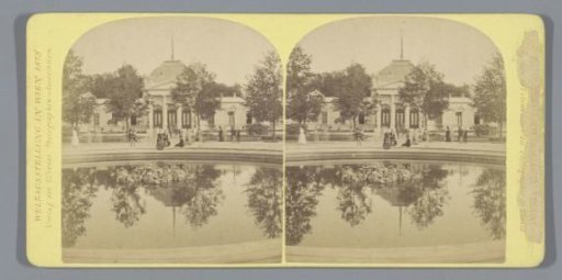 View of the Imperial Pavilion with a pond in front of it at the World Exhibition of 1873