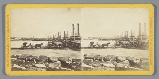 Carriages and moored steamships in New Orleans