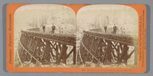 Two men on the railway bridge 'Trestle Bridge' over Long Ravine in California, part of the Central Pacific Railroad