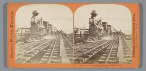 Arrival of the transcontinental train at Oakland Wharf, on the bay of San Francisco