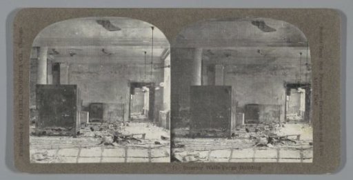 Destroyed interior of the Wells Fargo bank after the earthquake in San Francisco