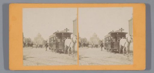 Horse-drawn tram on the Hogesluis with the Palace for Industry, Amsterdam