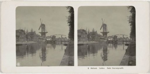 View of the Oude Heerengracht and mill De Stier in Leiden