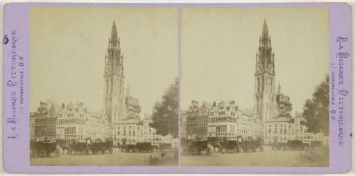 View of the Cathedral of Antwerp and old houses on the Market Square
